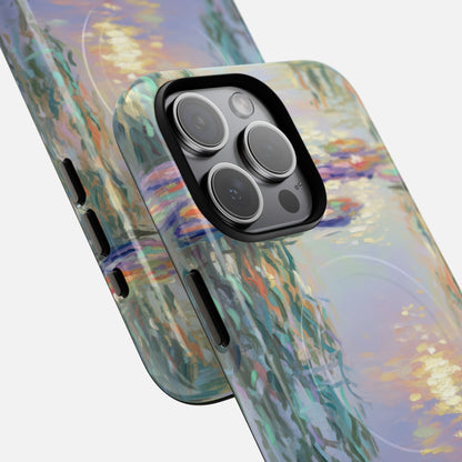 Artistic phone case with colorful water lily painting, fits iPhone Pro camera, modern design