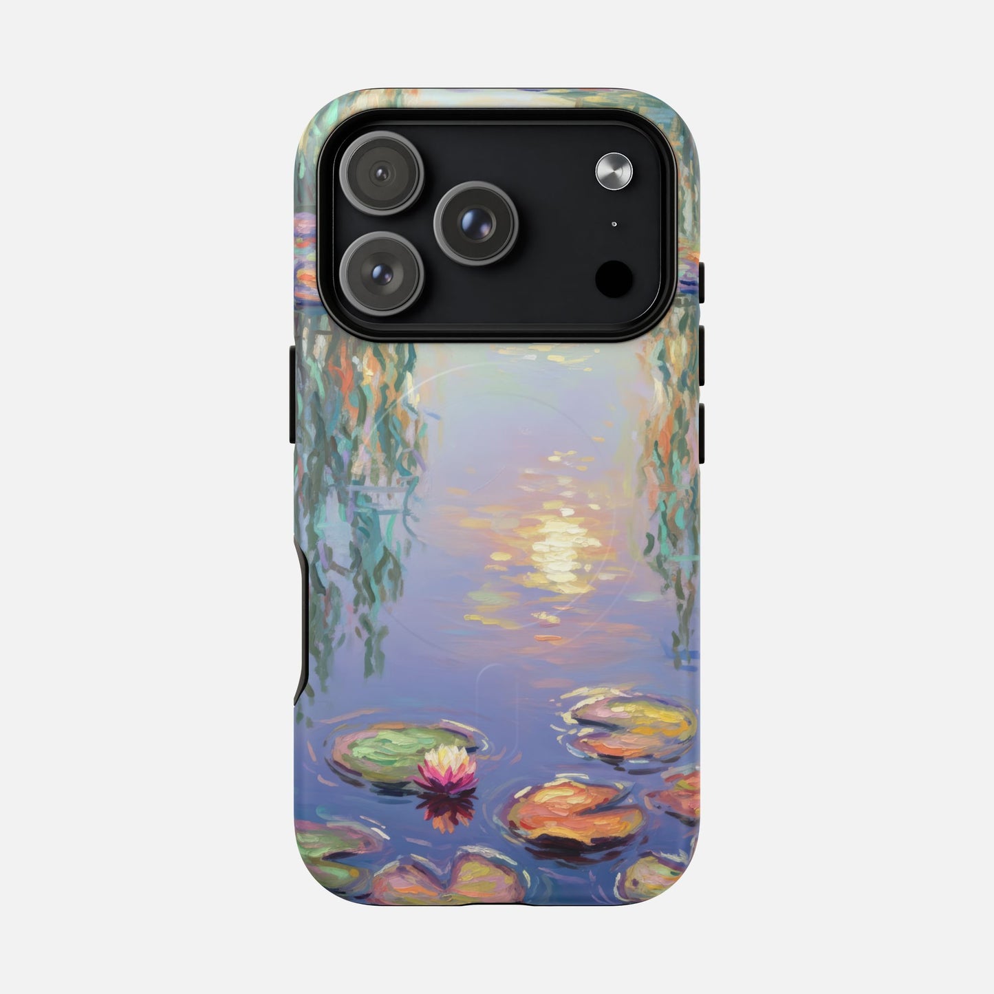 iPhone case with Monet-style water lily pond painting, artistic design, modern phone protection