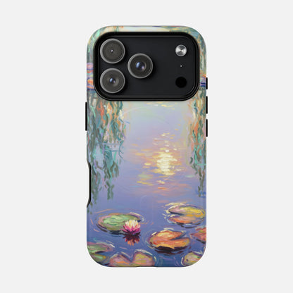 iPhone case with Monet-style water lily pond painting, artistic design, modern phone protection
