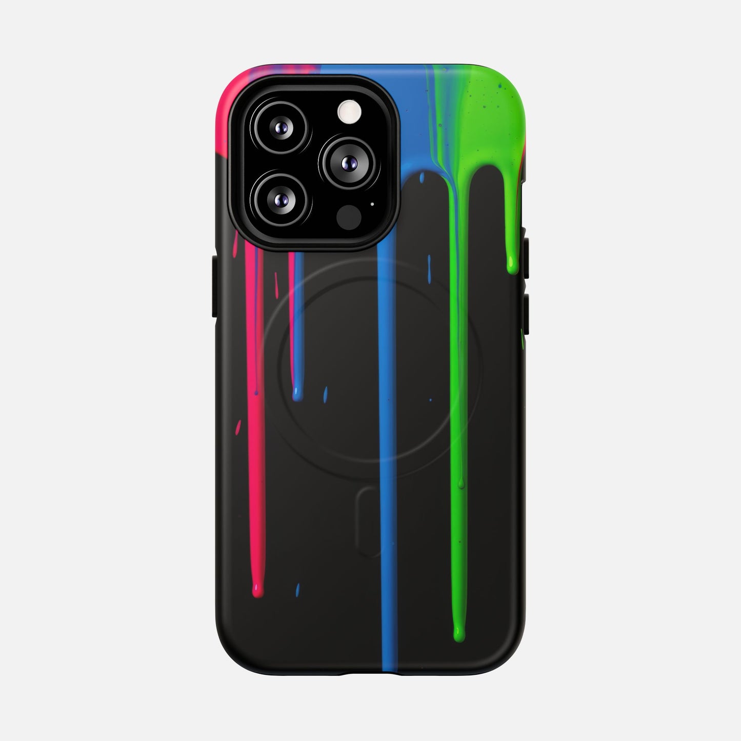 Neon Drip Tough Magnetic Case – Black Phone Cover with Bright Pink, Blue & Green Paint Drips iPhone 13 Pro Matte Phone Case