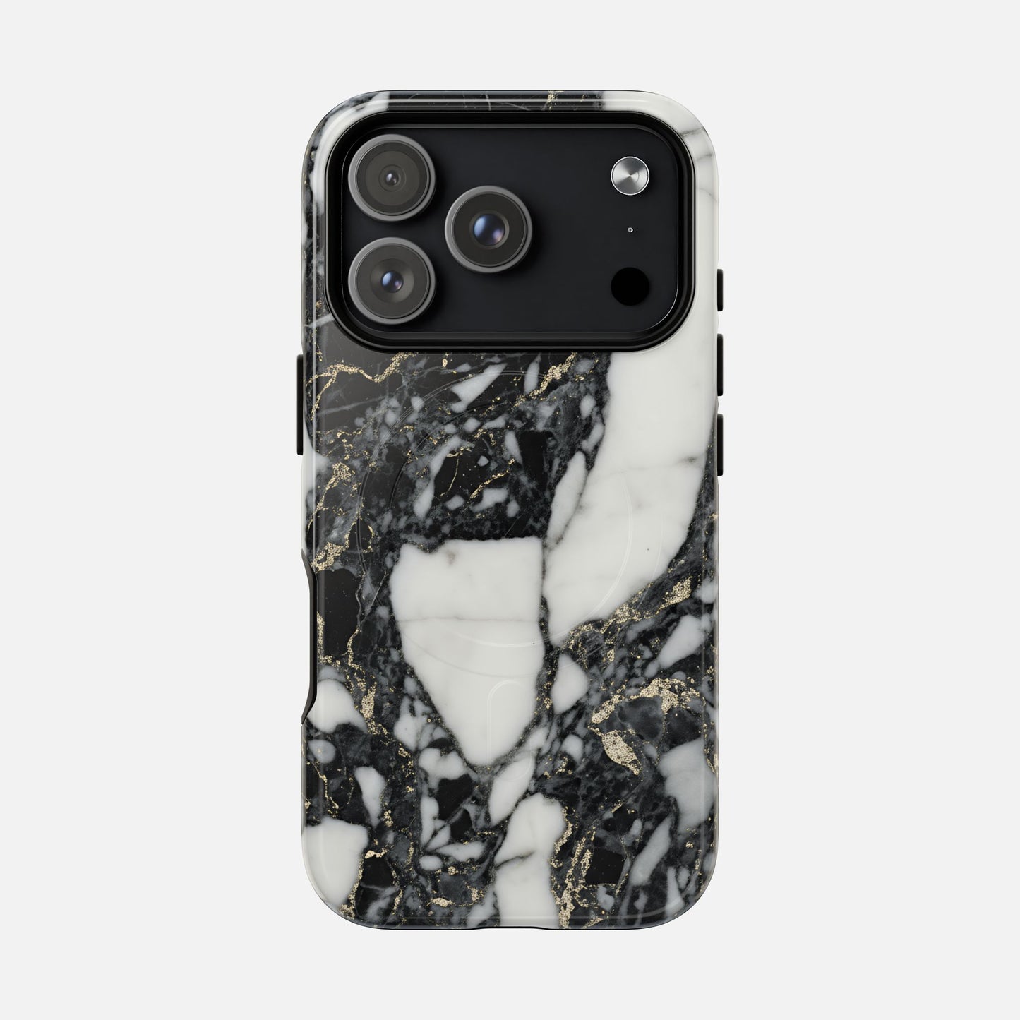 Black and white marble phone case with gold veining, modern design, protective cover