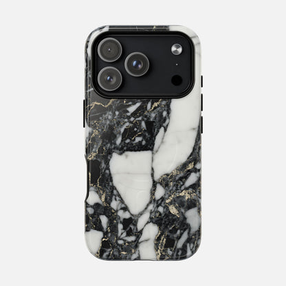 Black and white marble phone case with gold veining, modern design, protective cover