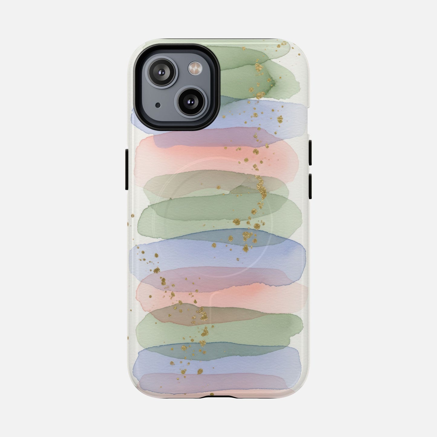 Pastel watercolor phone case with gold glitter accents, soft green pink blue stripes, modern artistic design