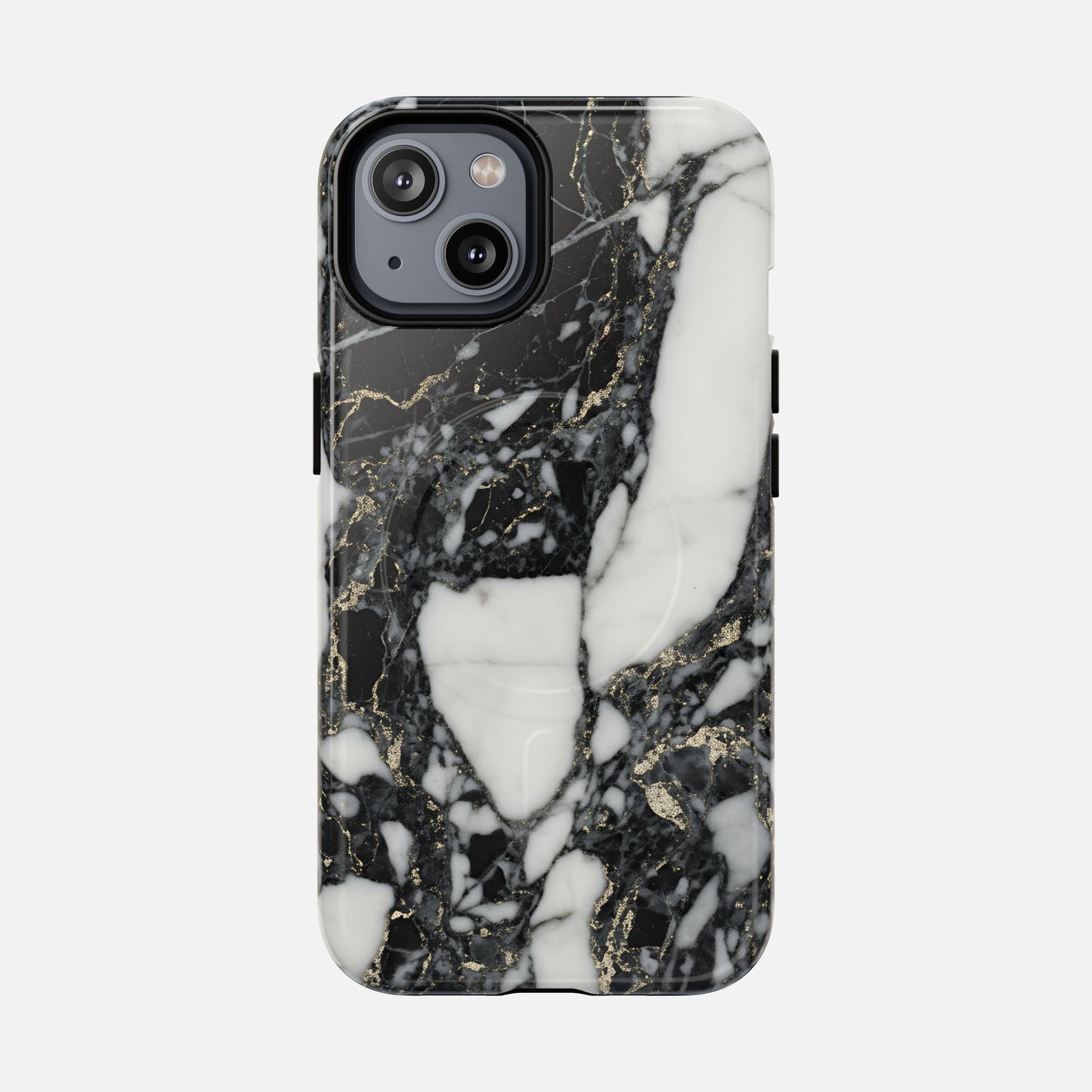 Black and white marble phone case with gold veining, modern protective design