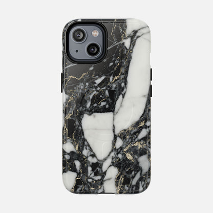 Black and white marble phone case with gold veining, modern protective design