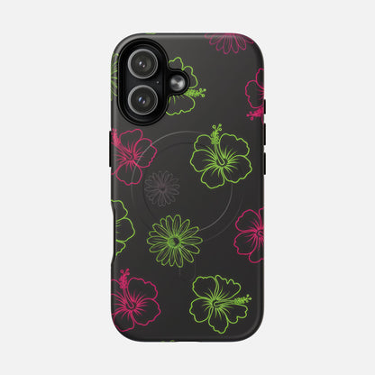 Neon Hibiscus Tough Magnetic Phone Case — Tropical Floral Protective Cover iPhone 17 Matte Phone Case