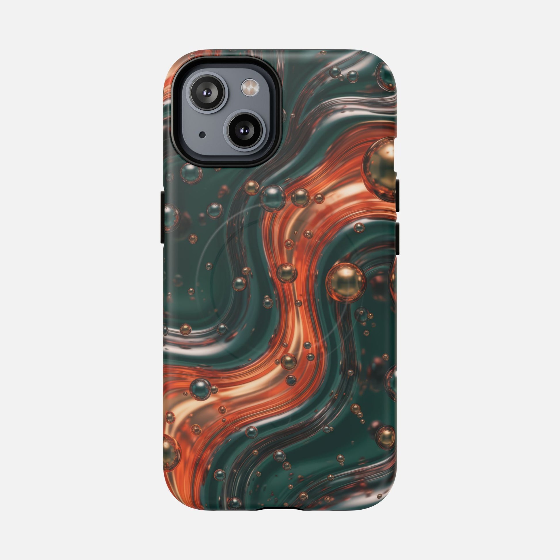 Magnetic Phone Case — Emerald & Copper Liquid Swirl Protective Cover iPhone 14 Matte Phone Case