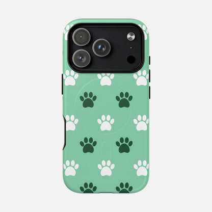Mint green phone case with white and dark green paw print pattern, stylish and protective design
