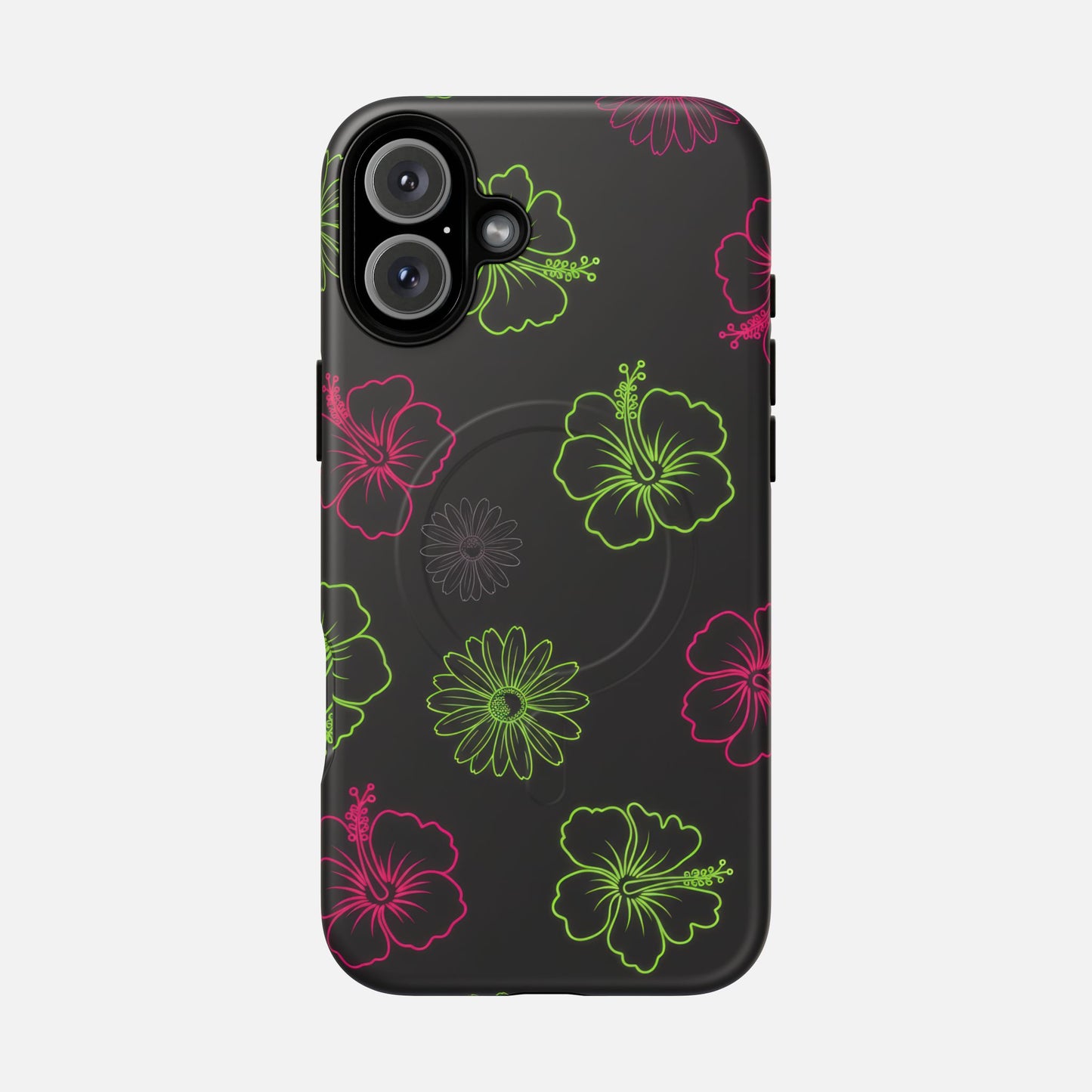 Neon Hibiscus Tough Magnetic Phone Case — Tropical Floral Protective Cover iPhone 16 Plus Matte Phone Case