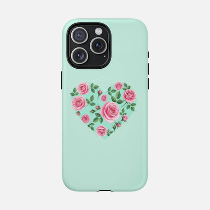 Floral Heart & Mint Rose iPhone Case — Tough Magnetic | MagSafe Compatible