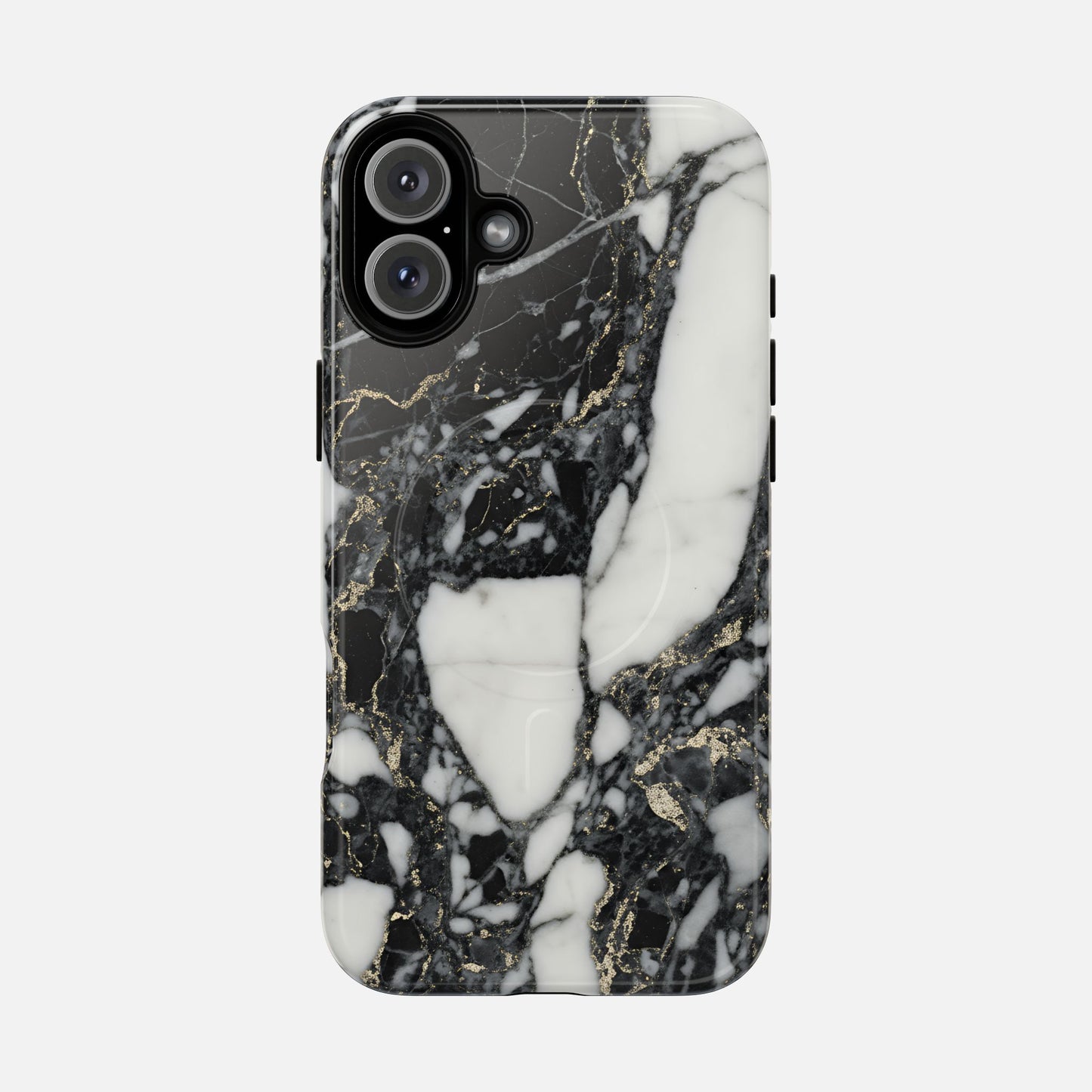 Black and white marble design phone case with gold vein accents on a smartphone