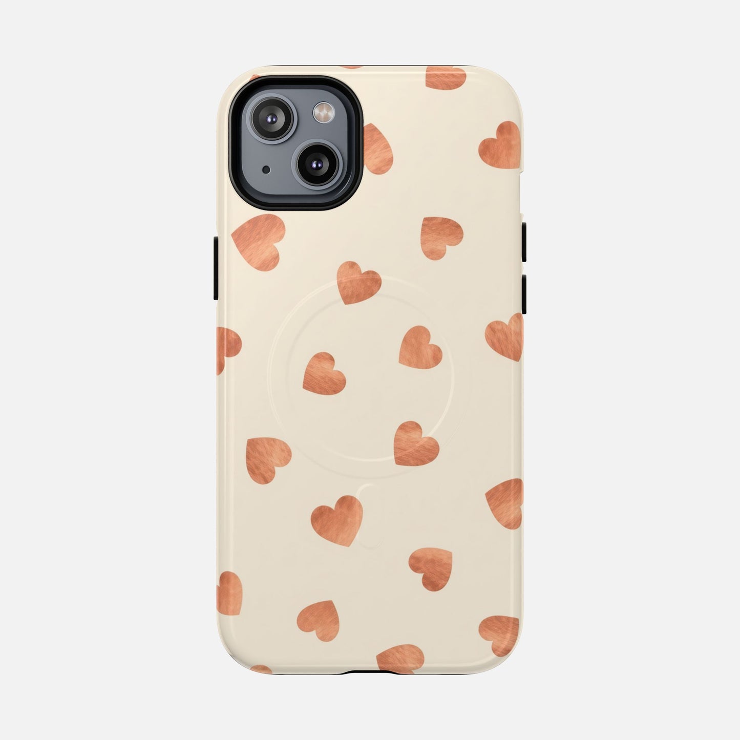 Heart Pattern Tough Magnetic Phone Case — Peach Watercolor Hearts, MagSafe Compatible iPhone 14 Plus Glossy Phone Case