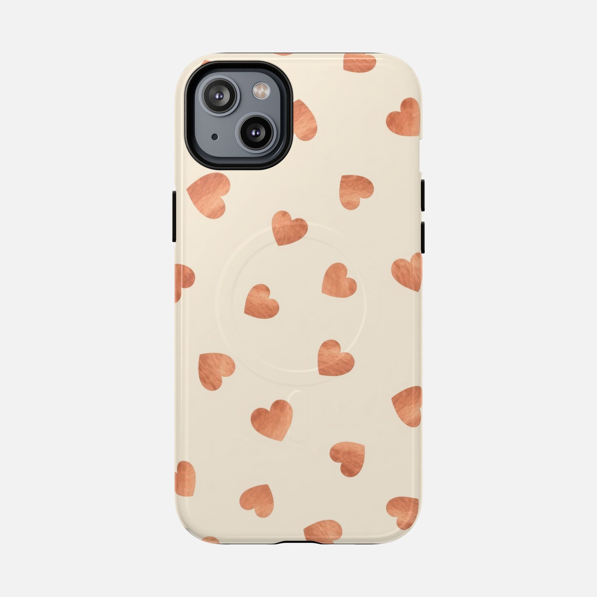 Heart Pattern Tough Magnetic Phone Case — Peach Watercolor Hearts, MagSafe Compatible iPhone 14 Plus Glossy Phone Case