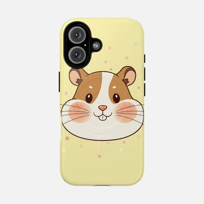 Cute hamster face phone case with pastel polka dots, soft yellow background, cartoon animal design for iPhone