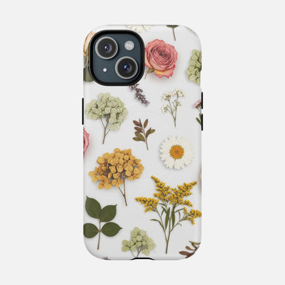 Floral Pressed Flower Tough Magnetic Phone Case — Botanical Dried Flowers Design iPhone 15 Matte Phone Case