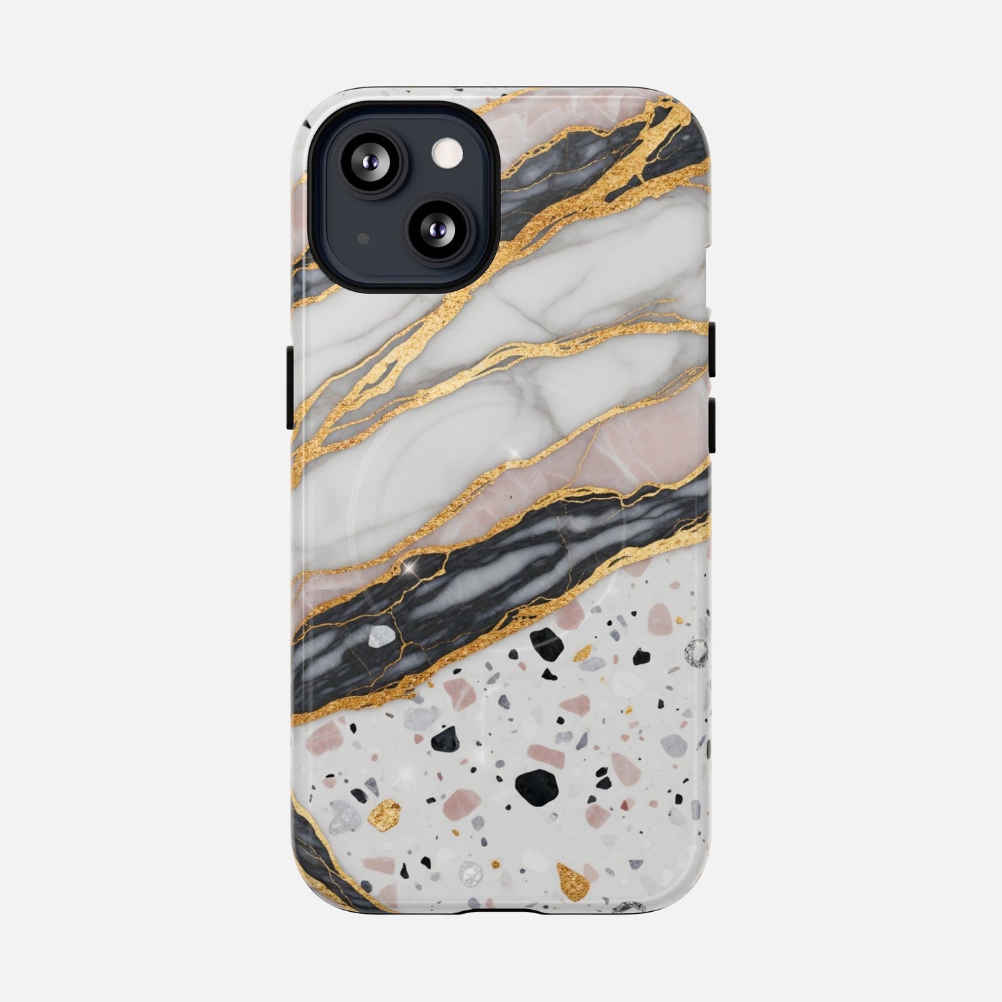 Marble and terrazzo phone case with gold accents, stylish protective cover for iPhone