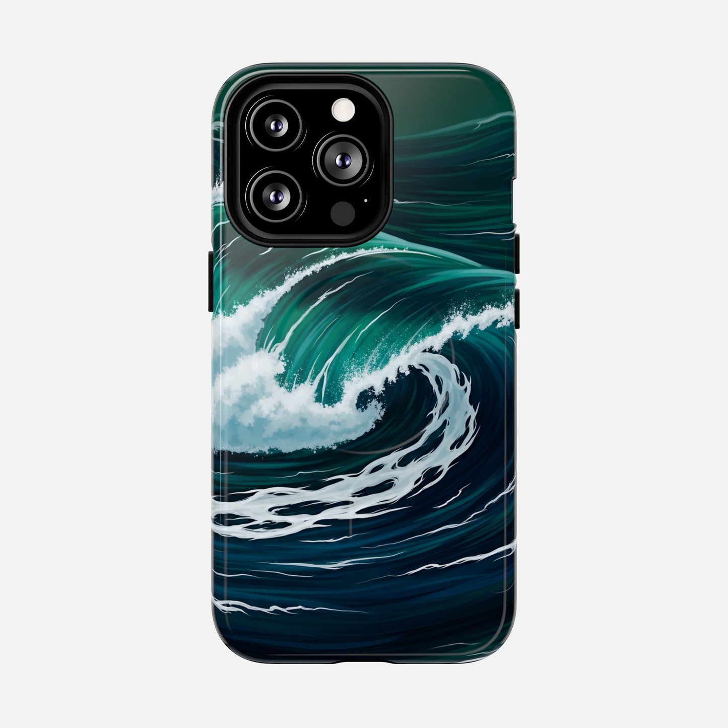 Ocean wave phone case with teal and navy surf design, protective cover for iPhone