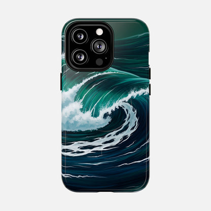 Ocean wave phone case with teal and navy surf design, protective cover for iPhone