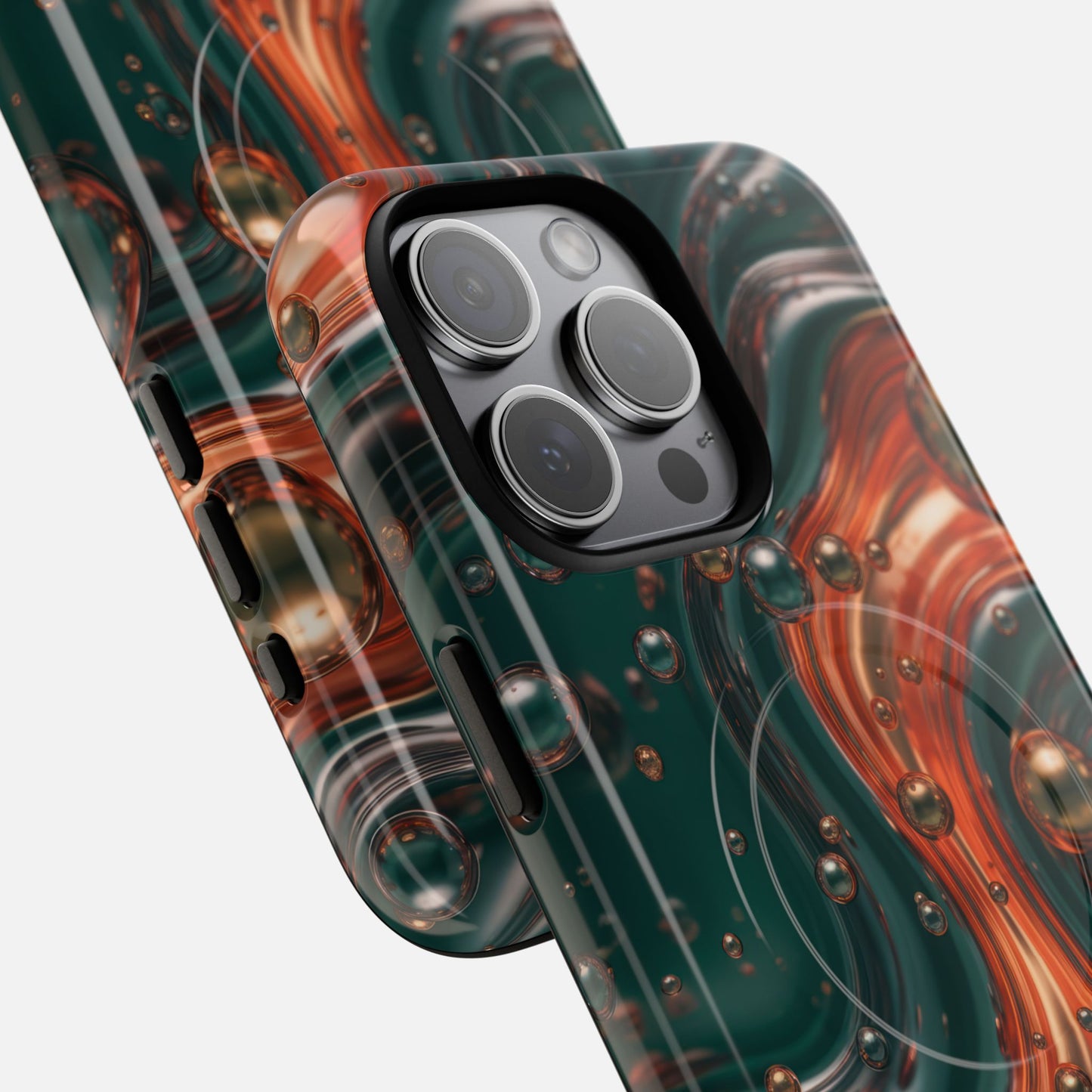 Emerald & Copper Liquid Swirl iPhone Case — Tough Magnetic | MagSafe Compatible