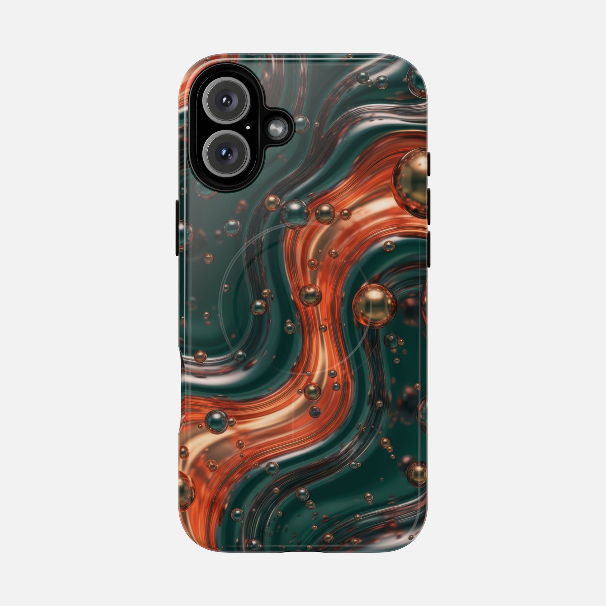 Magnetic Phone Case — Emerald & Copper Liquid Swirl Protective Cover iPhone 16 Plus Glossy Phone Case