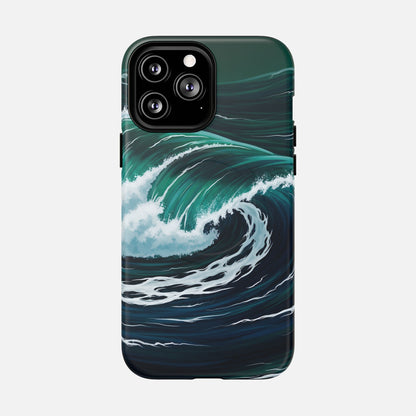 Ocean wave design phone case with teal and navy surf art, modern printed protection for iPhone