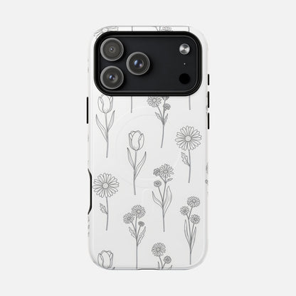 Floral Sketch Minimal Black Line Flower Design iPhone Case — Tough Magnetic | MagSafe Compatible