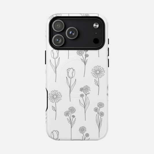 Floral Sketch Minimal Black Line Flower Design iPhone Case — Tough Magnetic | MagSafe Compatible