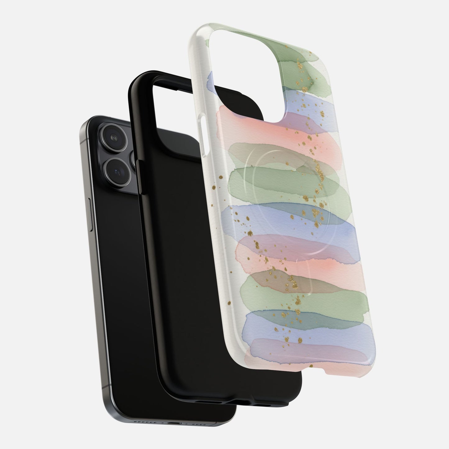 Pastel watercolor phone case with gold speckles, fits iPhone, creative design, modern print