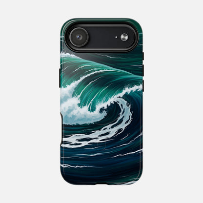 Ocean wave phone case with vibrant teal and navy design, protective cover for iPhone