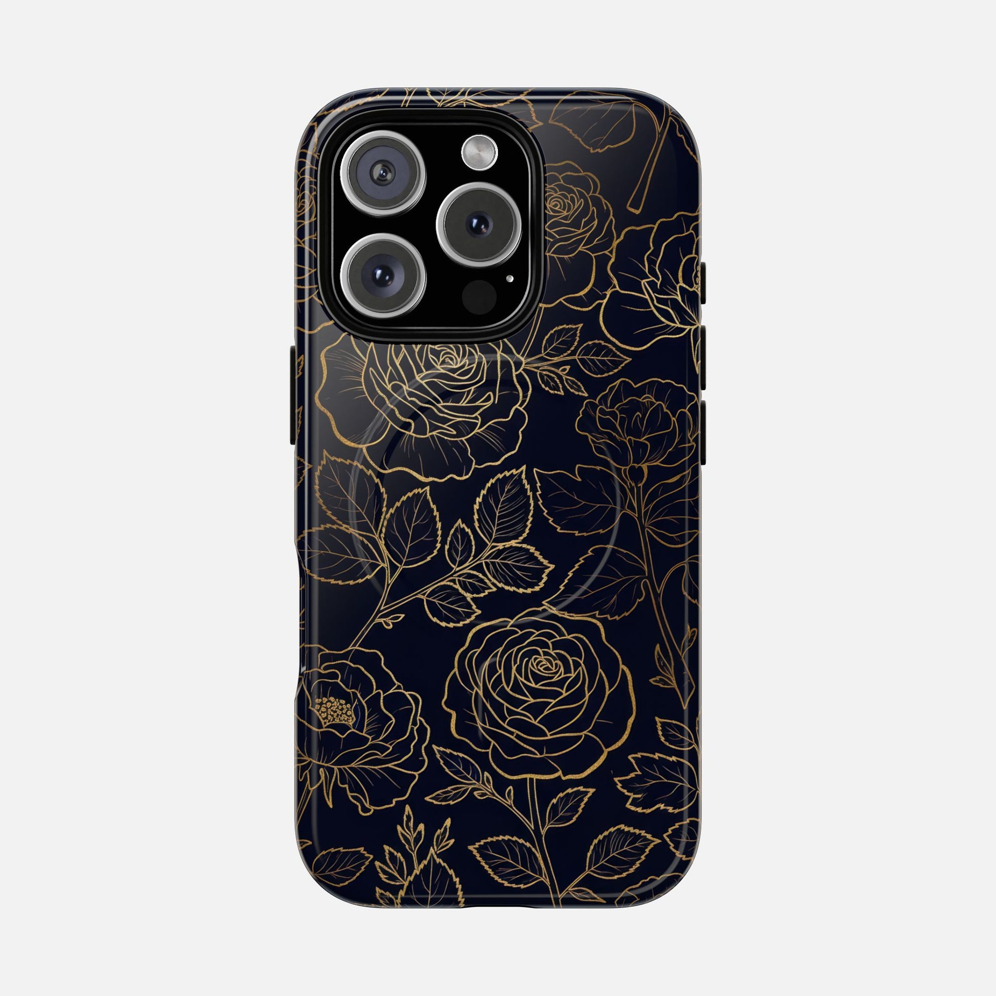 Floral Gold Outline Tough Magnetic Case — Elegant Black Rose Phone Cover iPhone 16 Pro Glossy Phone Case