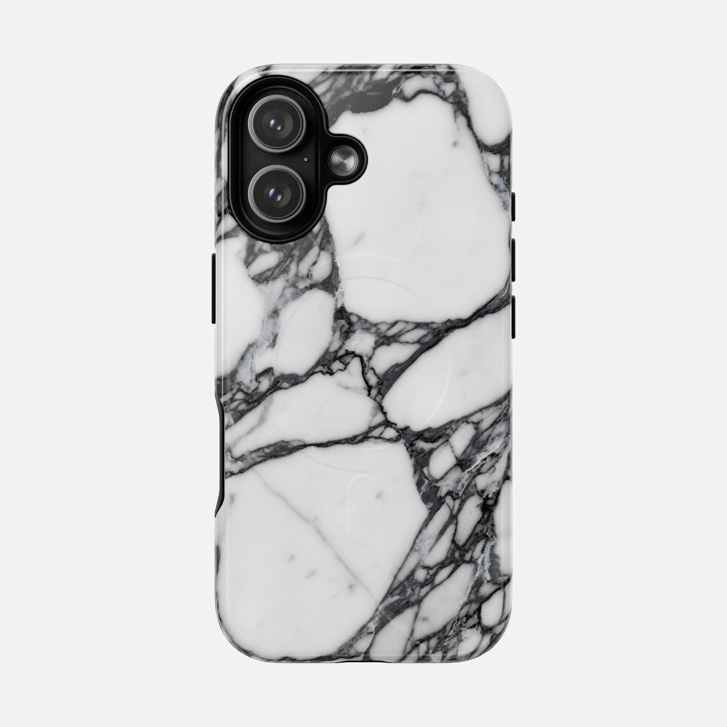 Black and white marble pattern phone case with a sleek finish on a modern smartphone