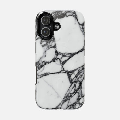 Black and white marble pattern phone case with a sleek finish on a modern smartphone