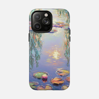iPhone case with Monet-style water lily pond painting, artistic phone cover design