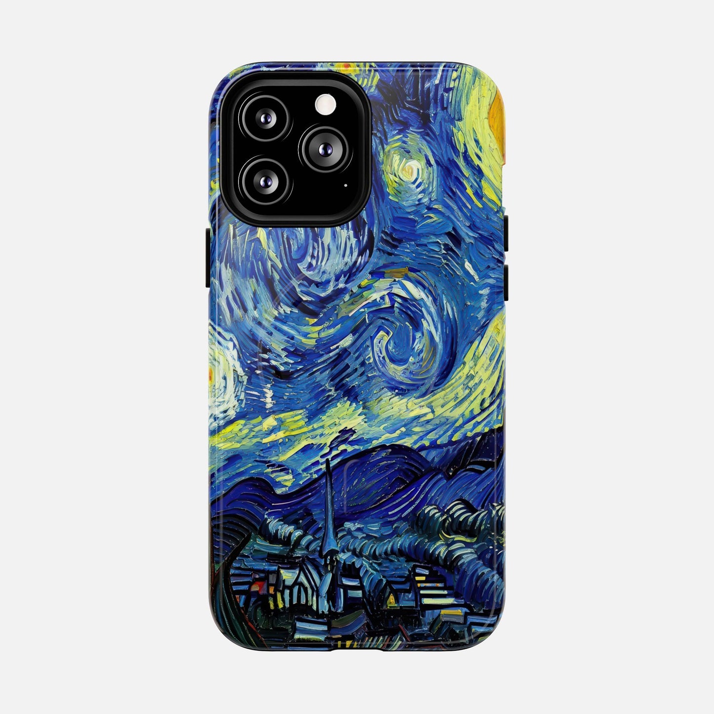 iPhone case with Van Gogh's Starry Night artwork, blue and yellow swirls, creative phone protection design