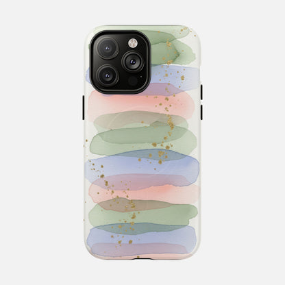 Pastel watercolor phone case with gold speckles, modern abstract design for iPhone