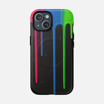 Neon Drip Tough Magnetic Case – Black Phone Cover with Bright Pink, Blue & Green Paint Drips iPhone 15 Matte Phone Case