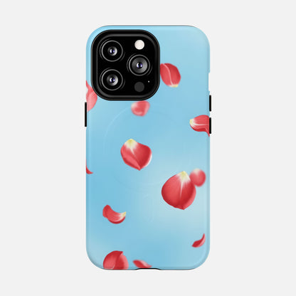 Light blue phone case with floating red rose petals, modern floral design for iPhone