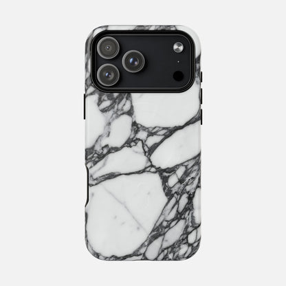 Black and white marble pattern phone case on smartphone, modern and stylish design