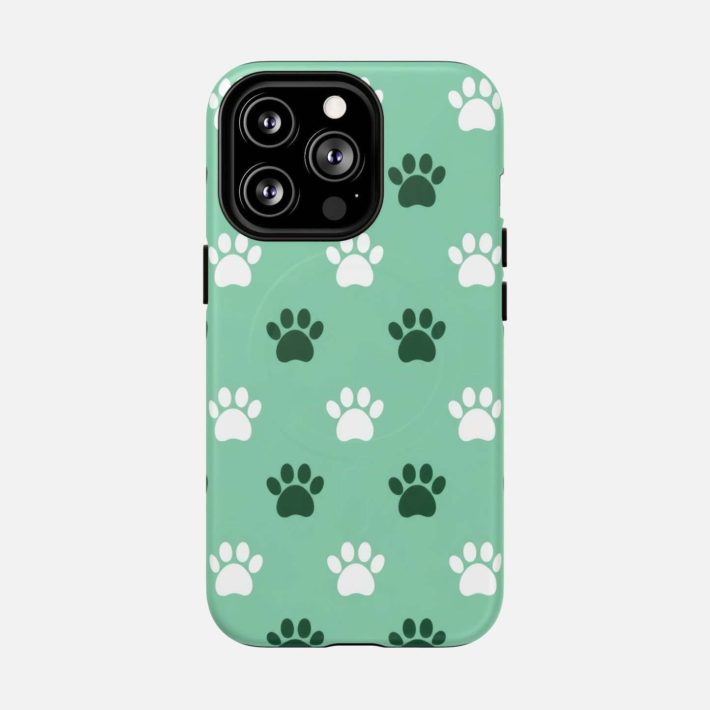 Mint green phone case with white and dark green paw print pattern, fits iPhone with triple camera