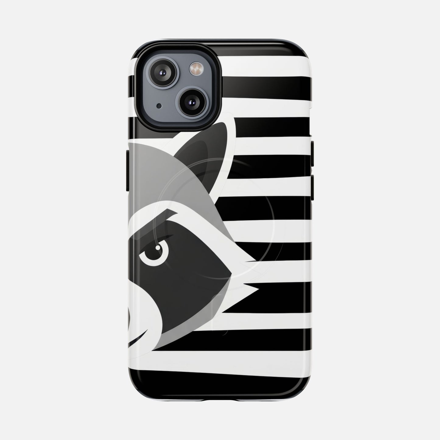 Raccoon Stripe Tough Magnetic Phone Case — Black & White Animal Design iPhone 14 Glossy Phone Case