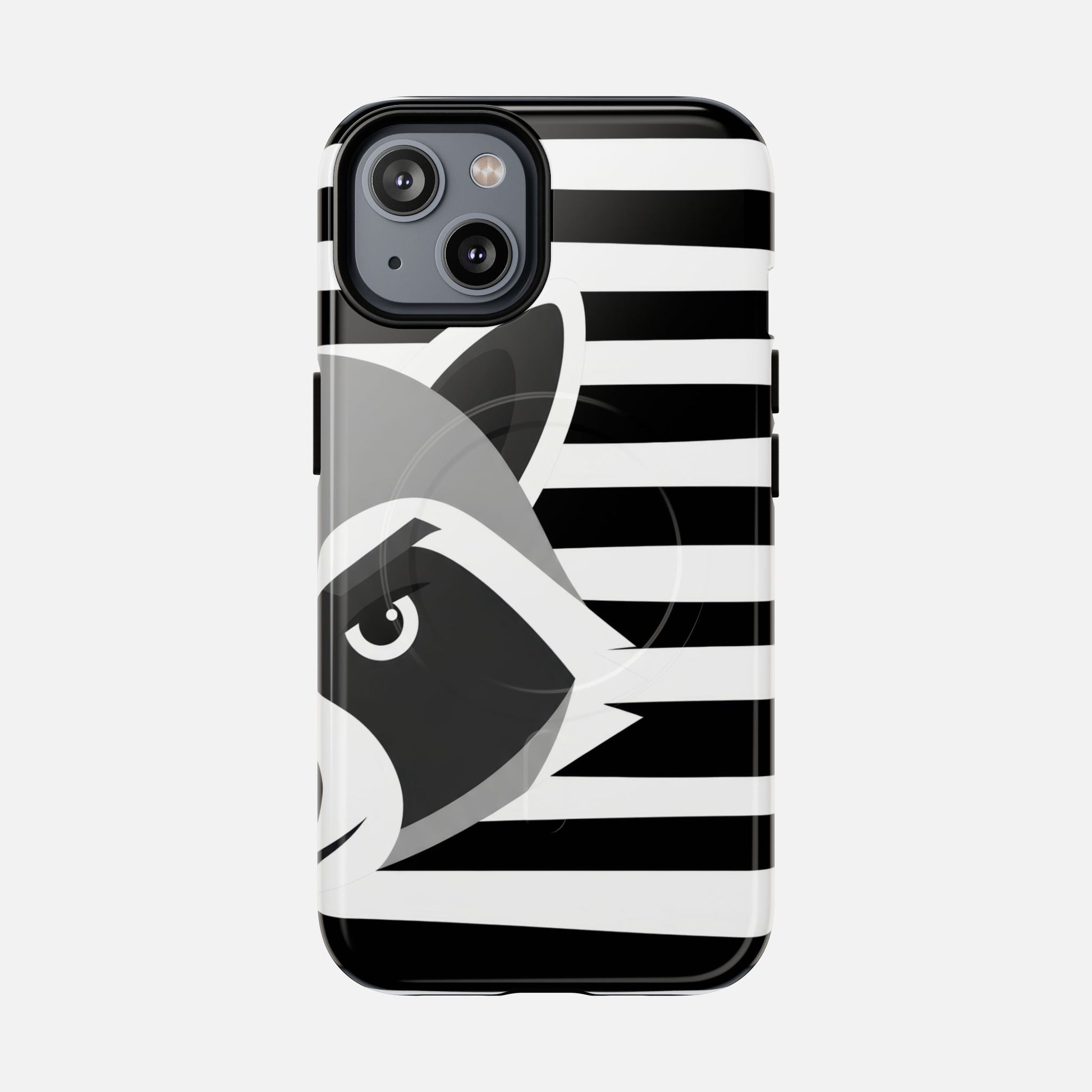 Raccoon Stripe Tough Magnetic Phone Case — Black & White Animal Design iPhone 14 Glossy Phone Case