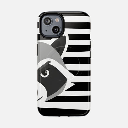 Raccoon Stripe Tough Magnetic Phone Case — Black & White Animal Design iPhone 14 Glossy Phone Case