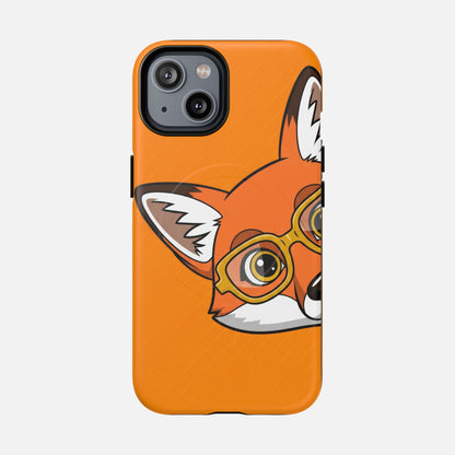 Cute fox with glasses phone case, orange background, creative design for iPhone
