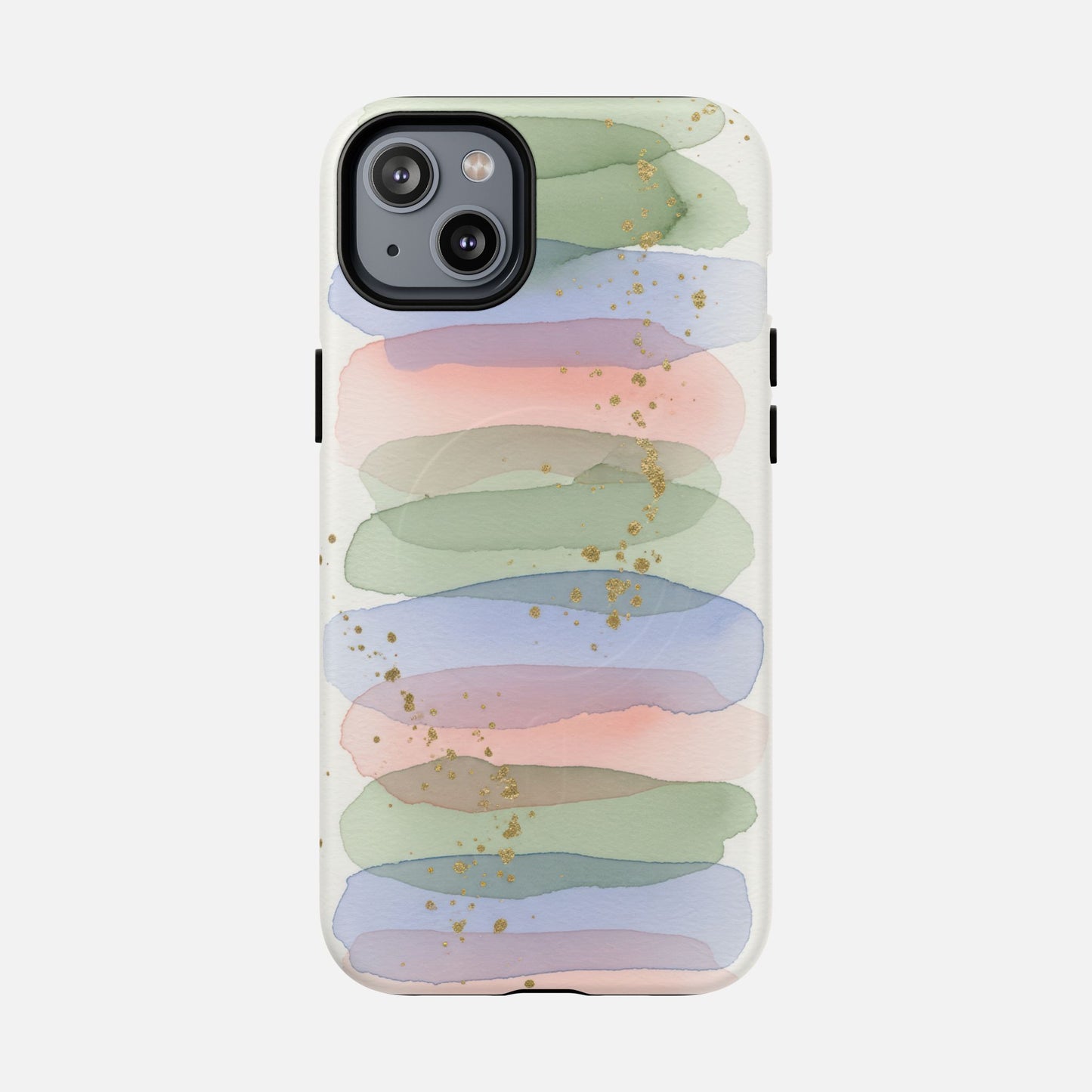 Pastel watercolor phone case with gold speckles, modern abstract design for iPhone