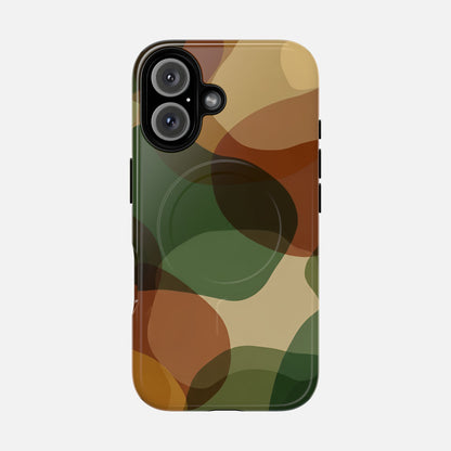 Camouflage phone case with green, brown, and tan abstract pattern for iPhone