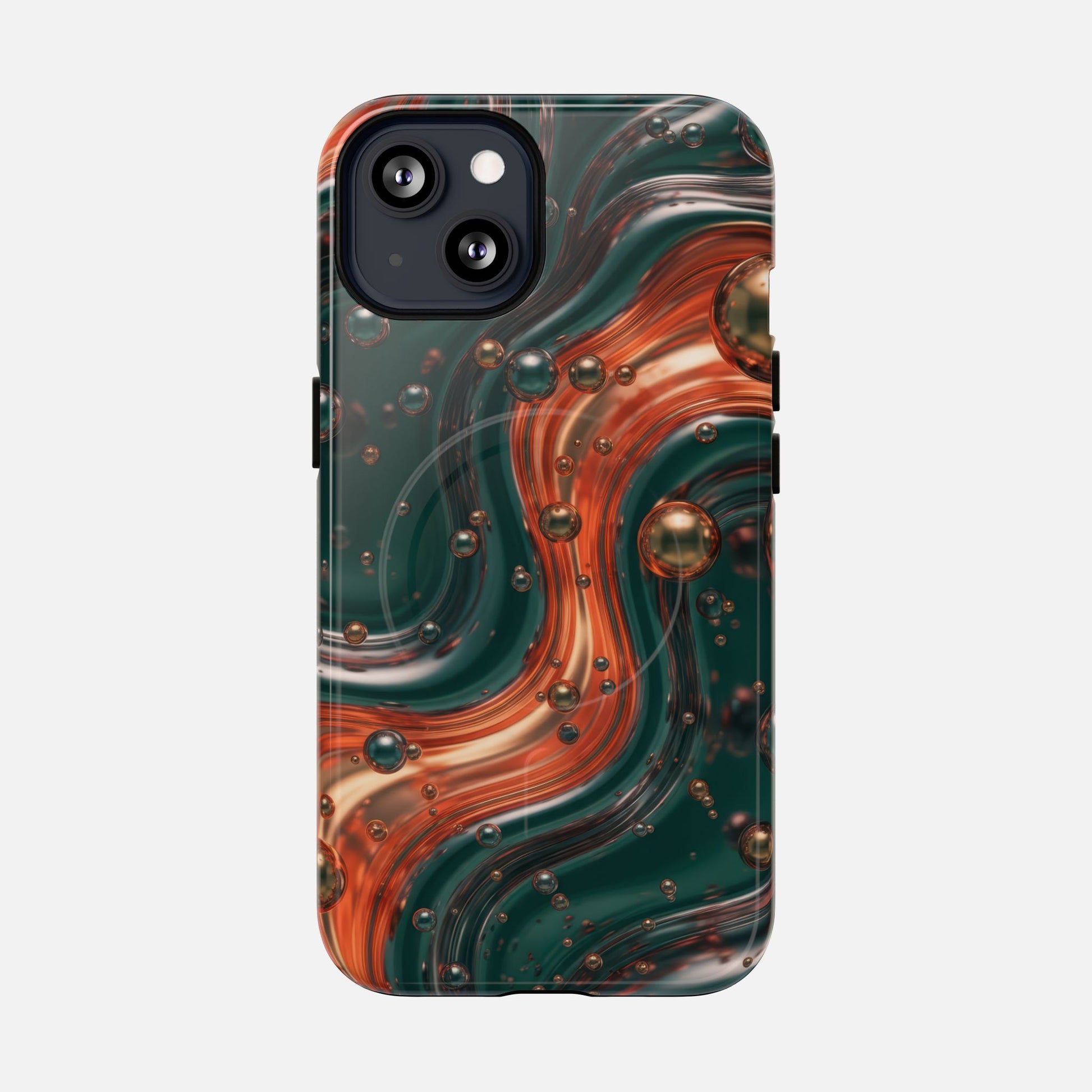 Magnetic Phone Case — Emerald & Copper Liquid Swirl Protective Cover iPhone 13 Glossy Phone Case