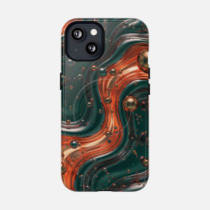 Magnetic Phone Case — Emerald & Copper Liquid Swirl Protective Cover iPhone 13 Glossy Phone Case