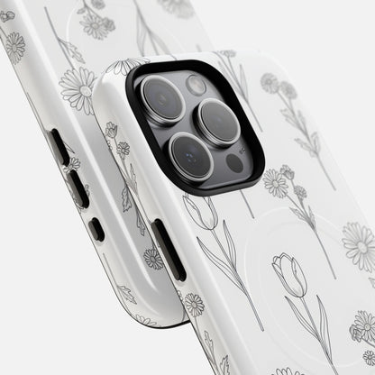 Floral Sketch Minimal Black Line Flower Design iPhone Case — Tough Magnetic | MagSafe Compatible