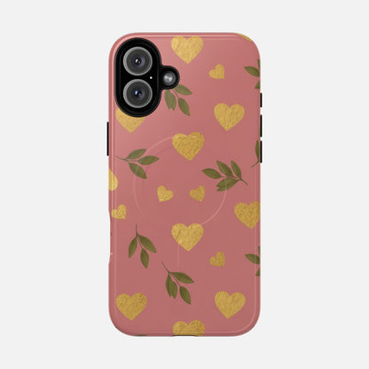Pink phone case with gold glitter hearts and green leaves, stylish protective cover for iPhone
