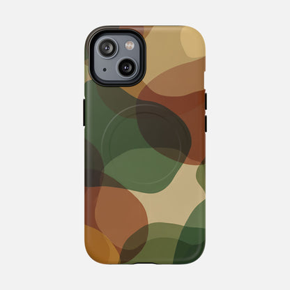 Camouflage phone case with green, brown, and tan pattern for iPhone 13